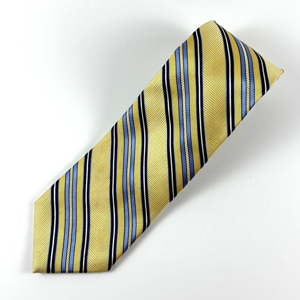 Chaps Repp Gold Yellow Blue Stripe 100% Silk Necktie Hand Made Preppy Collegiate
